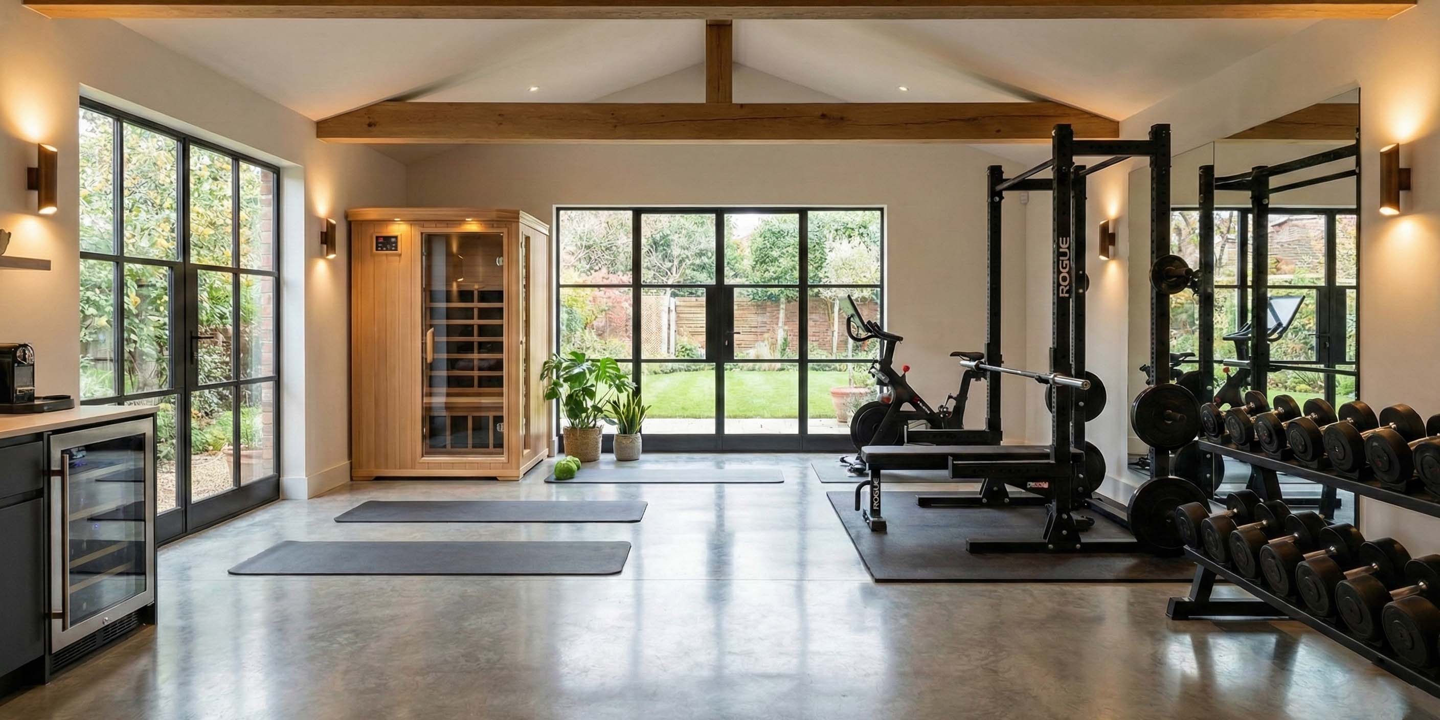 AI generated image of a home gym with a sauna and mini fridge