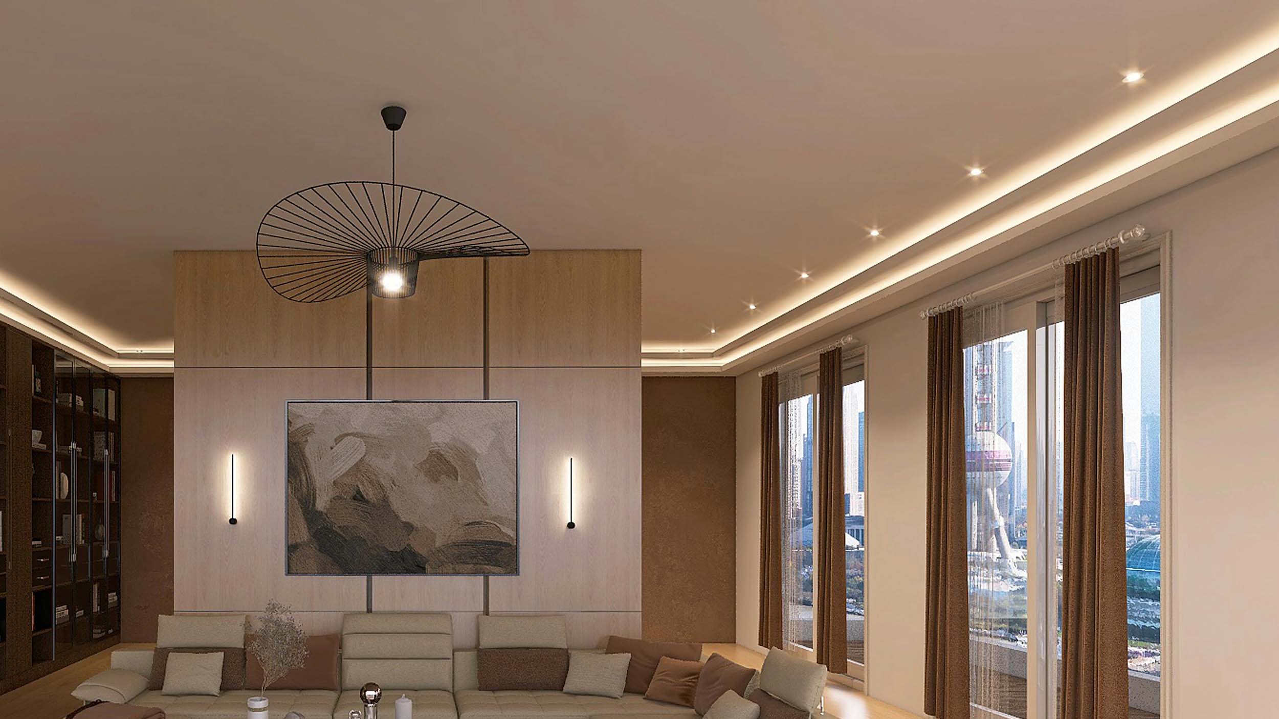 A spacious, modern dining and living area with floor-to-ceiling glass walls showcasing a stunning cityscape view at dusk. The room features warm pendant lights, a natural wood dining table, sleek white chairs, and a floating staircase, creating a blend of elegance and functionality.